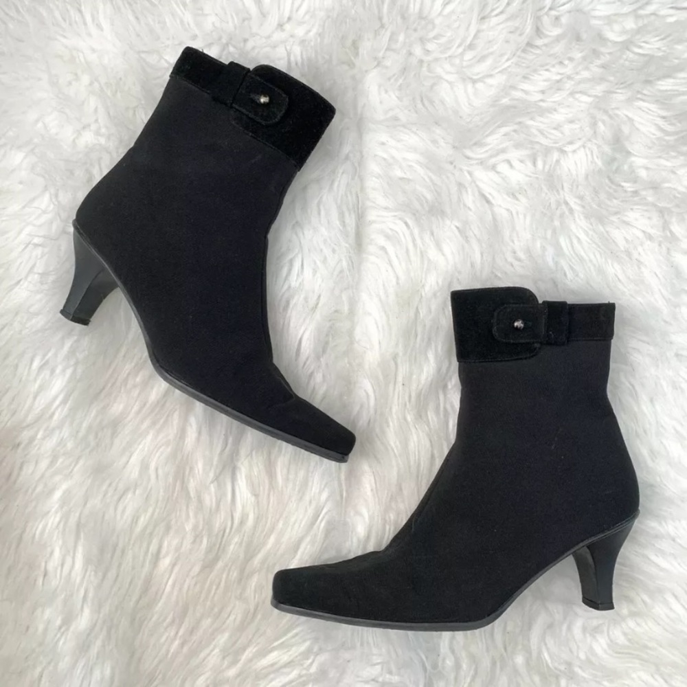 Stuart Weitzman Gore-Tex Suede Trim Block Heel Square Toe Black Boots